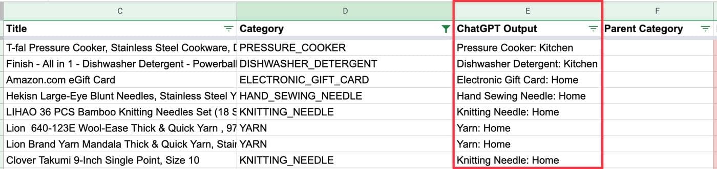 Pasting the raw ChatGPT output into the spreadsheet in the ChatGPT Output column