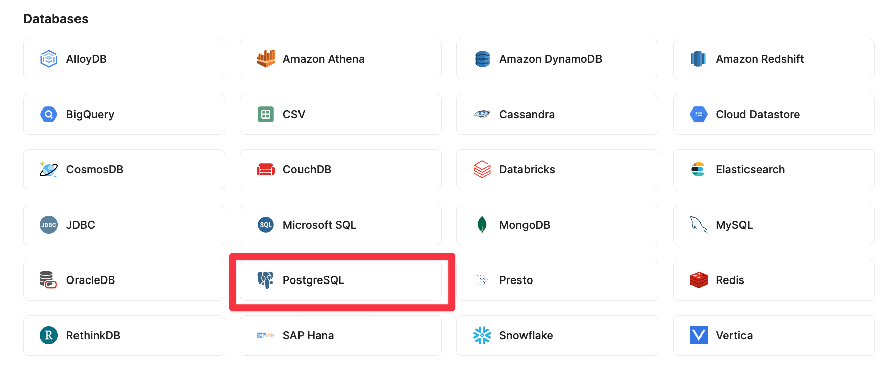 Choose PostgresSQL in Retool as your database to build a SQL GUI