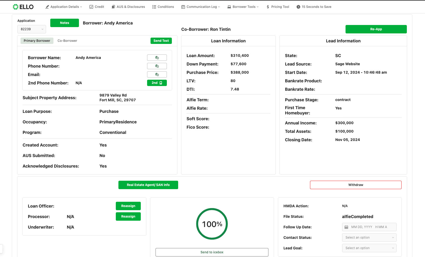 The loan officer dashboard is a comprehensive app that provides an overview of a lead's application details, including borrower information, loan specifics, and key milestones, enabling efficient processing of mortgage applications.