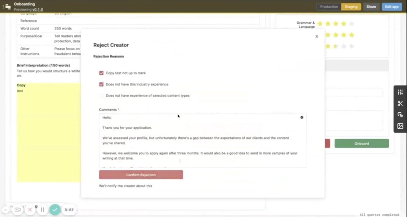 The onboarding team can now accept or reject creators from one place, including sending email communications