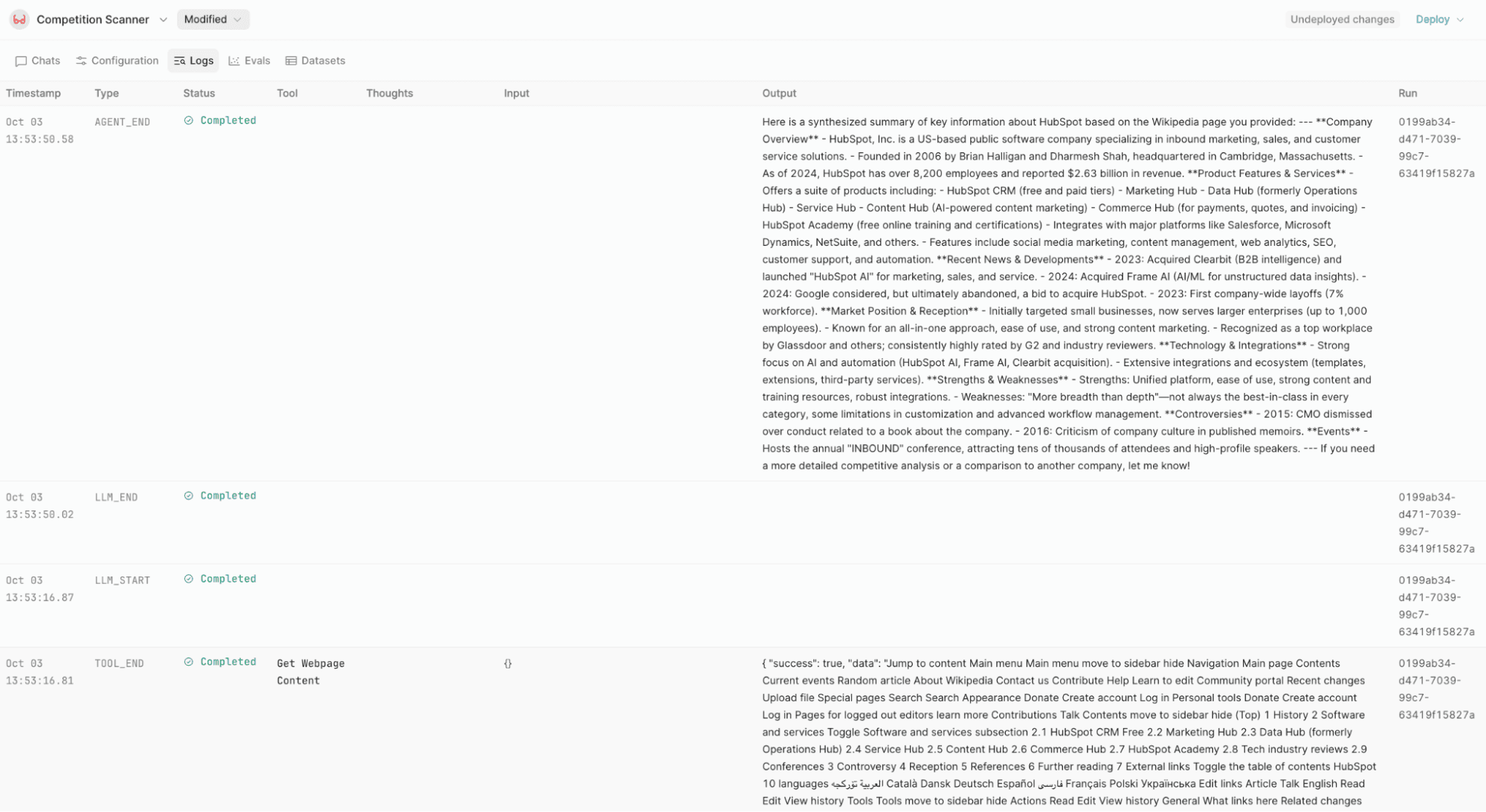 A Competition Scanner web interface displaying a log of completed tasks, with output text including summaries of HubSpot and Wikipedia content.