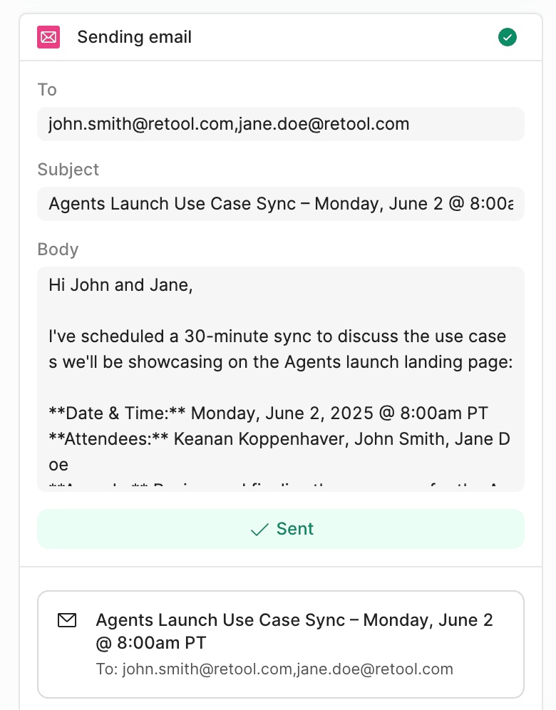 A sent email scheduling an "Agents Launch Use Case Sync" meeting for June 2, 2025, to john.smith@retool.com and jane.doe@retool.com.