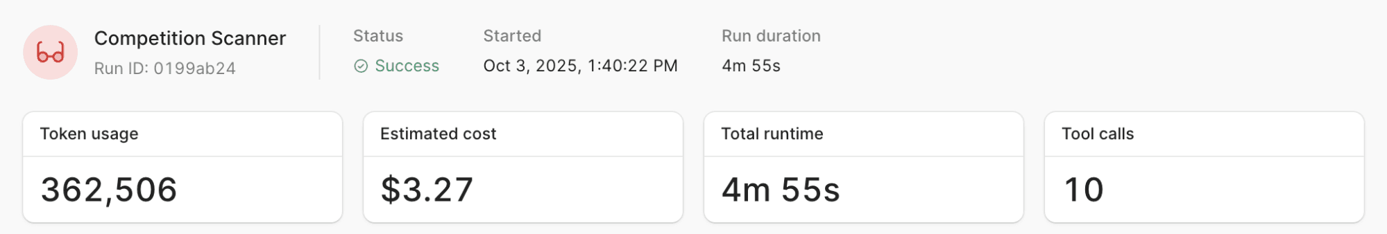 Competition Scanner run report showing success, 362,506 tokens used, $3.27 estimated cost, 4m 55s runtime, and 10 tool calls.