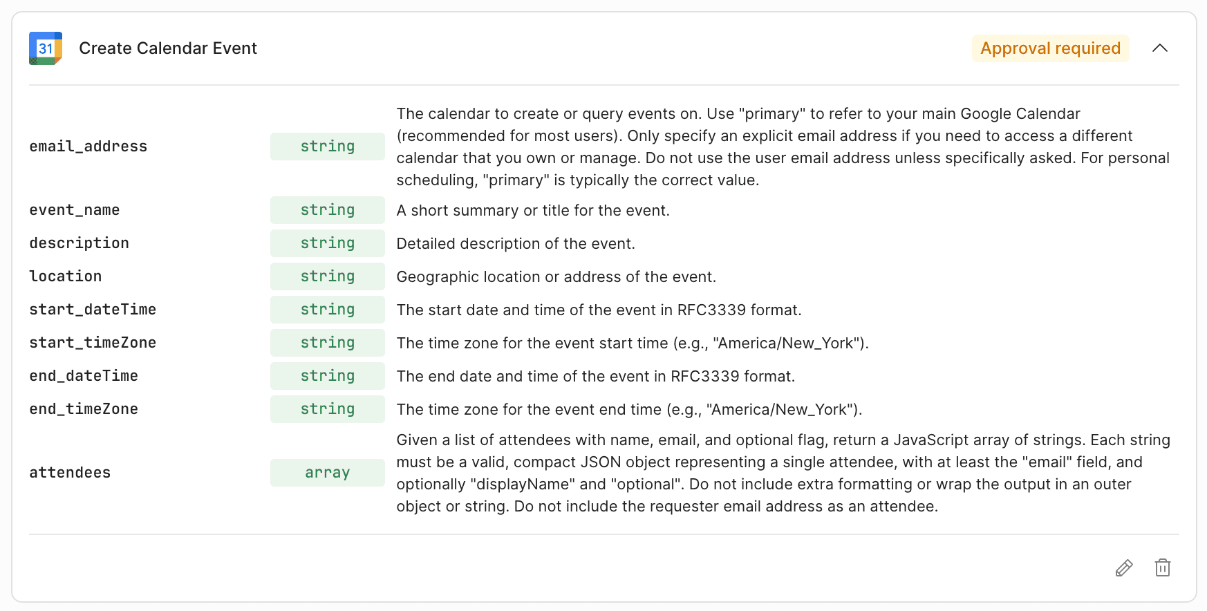 A "Create Calendar Event" interface displaying fields like email, event name, description, location, date/time, and attendees, with an "Approval required" banner.