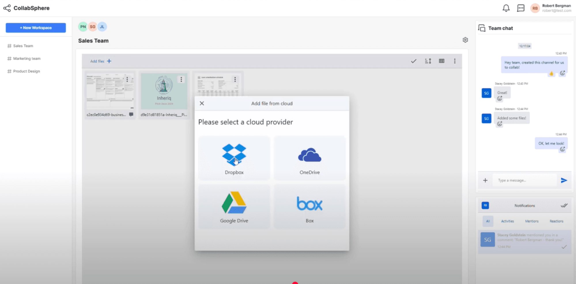 CollabSphere supports uploads from multiple file sources