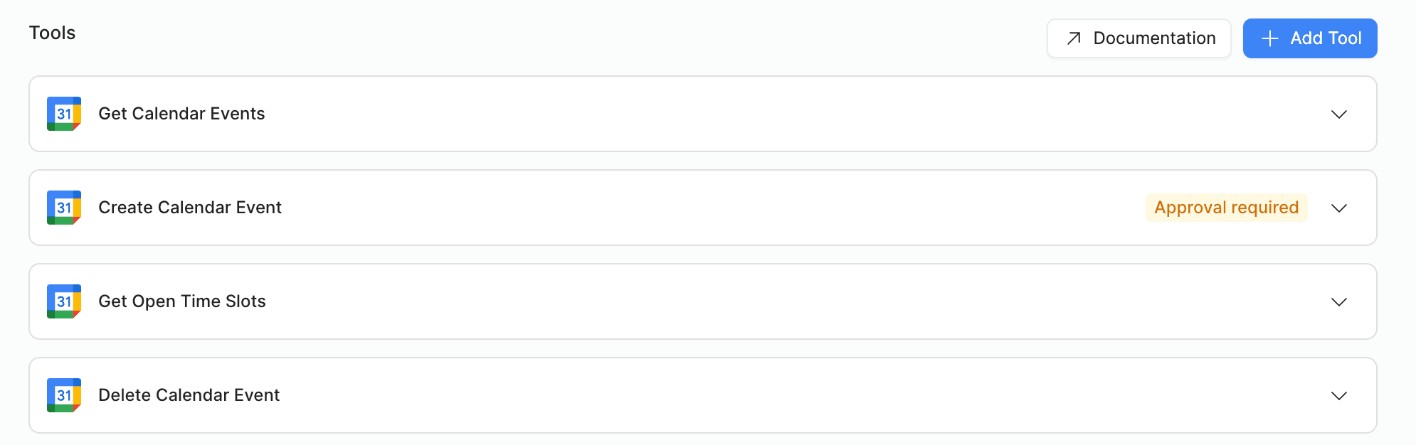 List of calendar tools: Get Calendar Events, Create Calendar Event (Approval required), Get Open Time Slots, Delete Calendar Event.