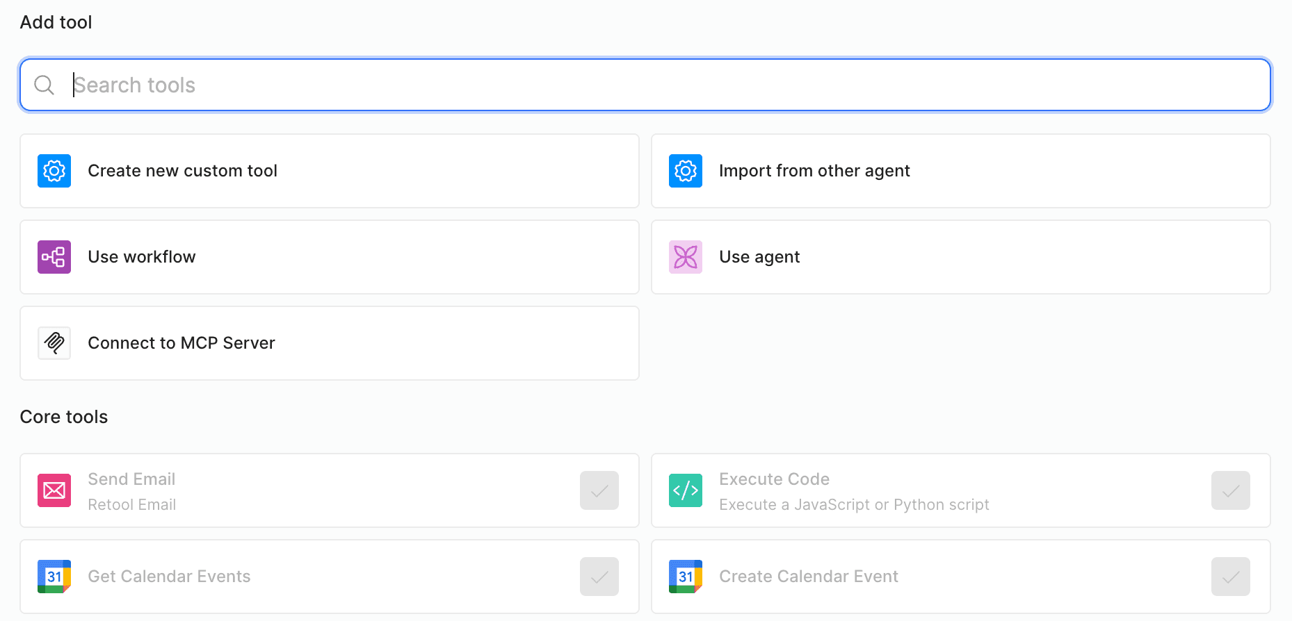Add tool menu showing options: Create new custom tool, Import from other agent, Use workflow, Use agent, and Connect to MCP Server, plus Core tools section